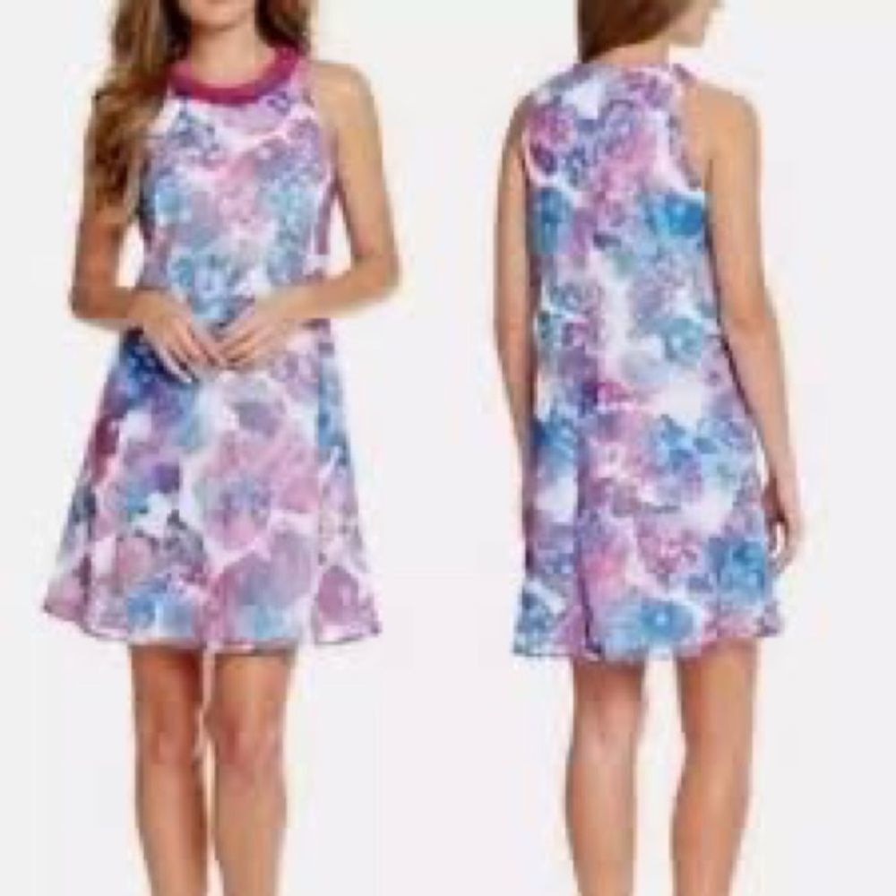 Badgley Mischka Purple Floral A-Line Shift Sleeveless Dress Size 10